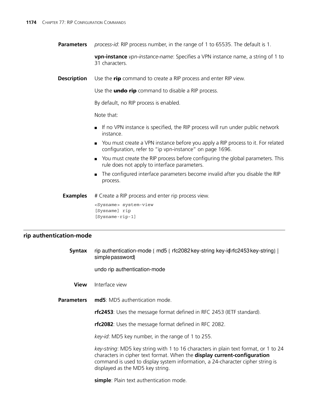 3Com MSR 30, MSR 50 manual Rip authentication-mode, Undo rip authentication-mode 