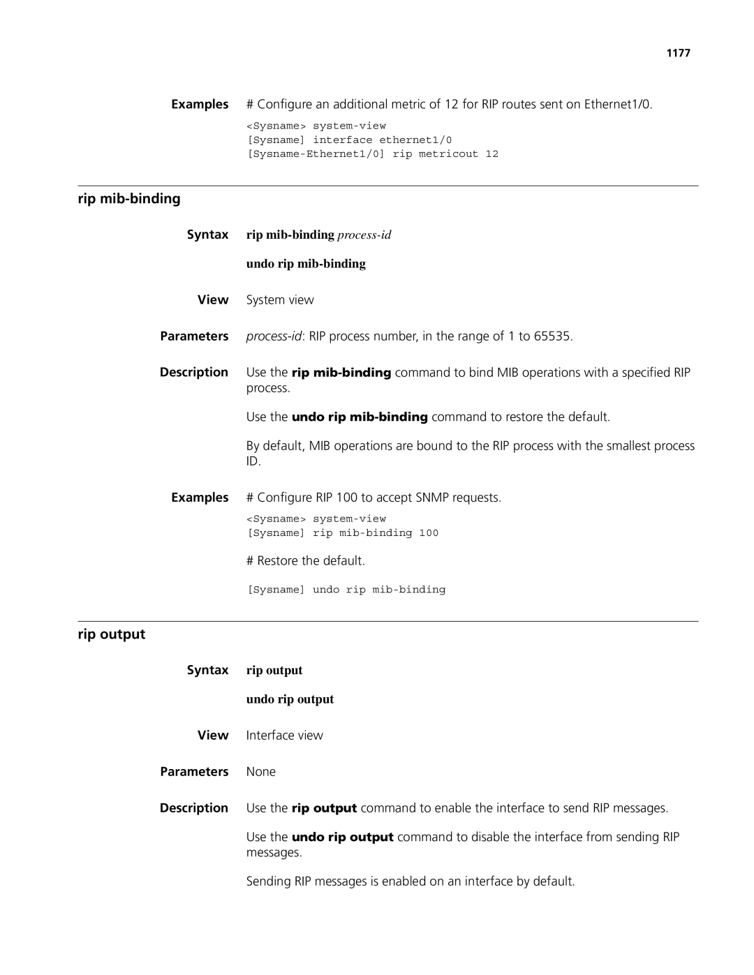 3Com MSR 50, MSR 30 manual Rip mib-binding, Rip output, Syntax rip mib-binding process-id Undo rip mib-binding, 1177 