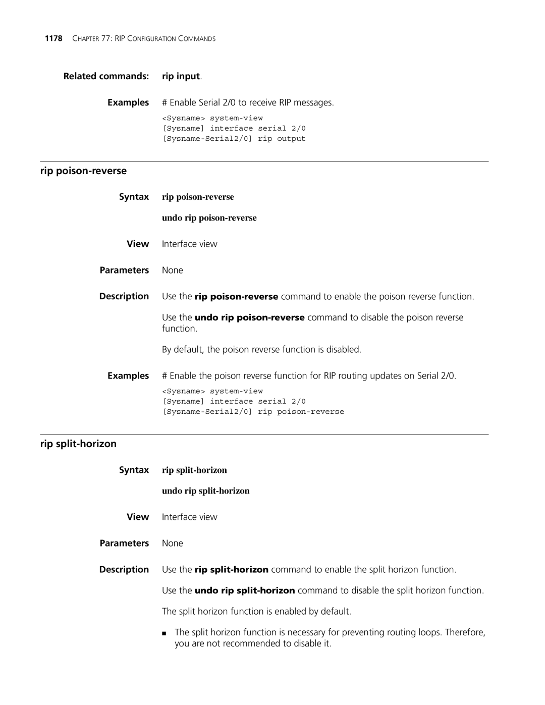 3Com MSR 30, MSR 50 manual Rip poison-reverse, Rip split-horizon, Related commands rip input 