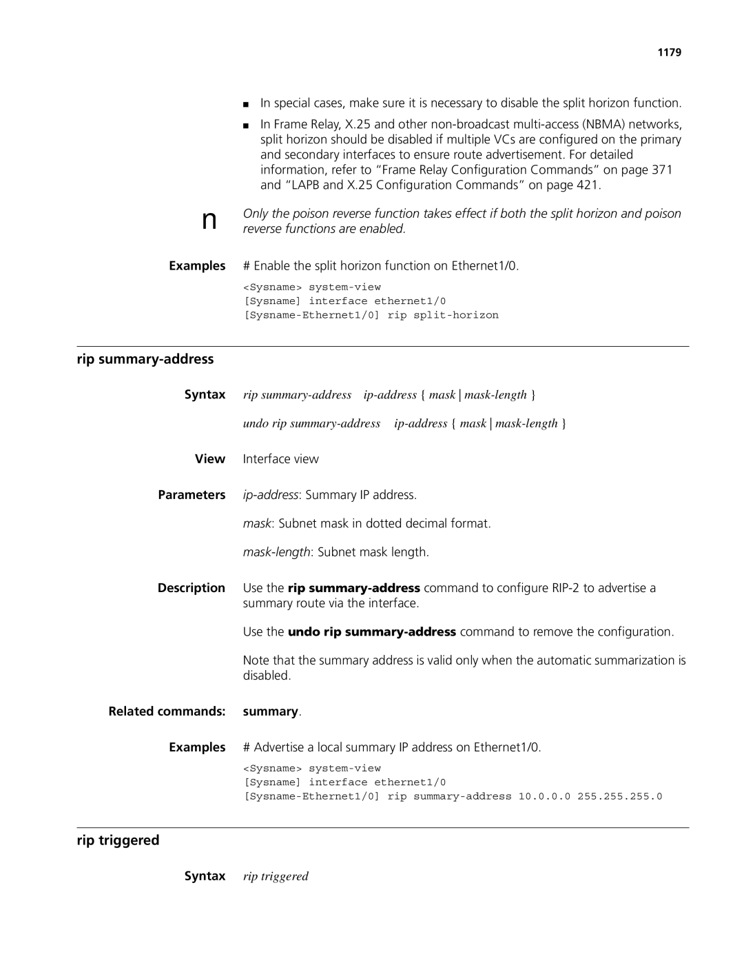 3Com MSR 50, MSR 30 manual Rip summary-address, Rip triggered, Examples # Enable the split horizon function on Ethernet1/0 