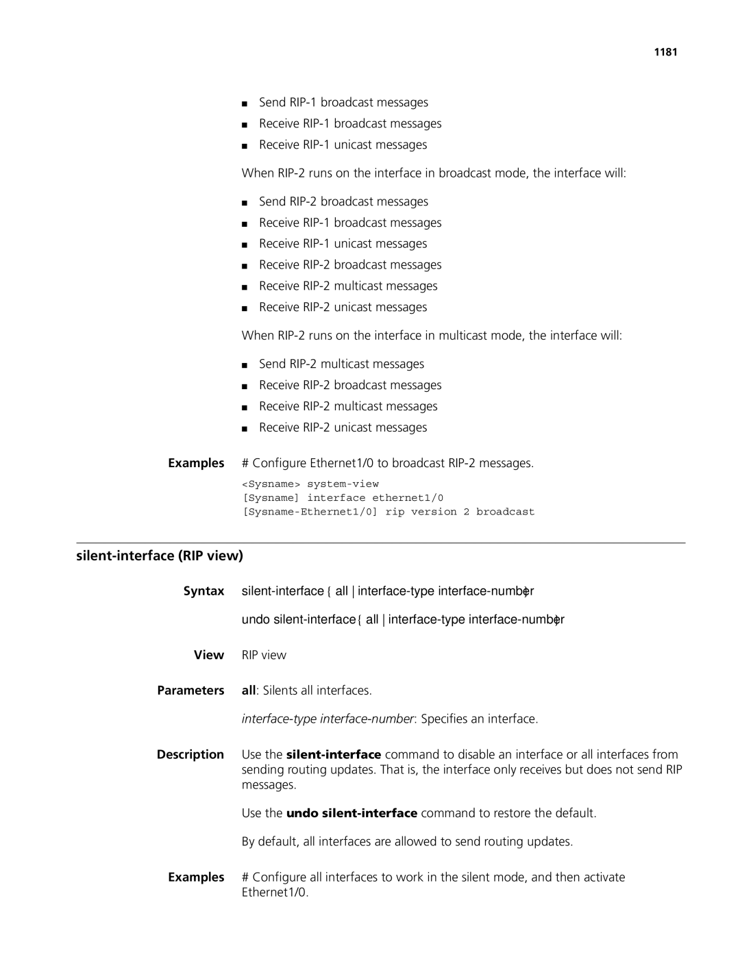 3Com MSR 50, MSR 30 manual Silent-interface RIP view, All Silents all interfaces, Messages, 1181 