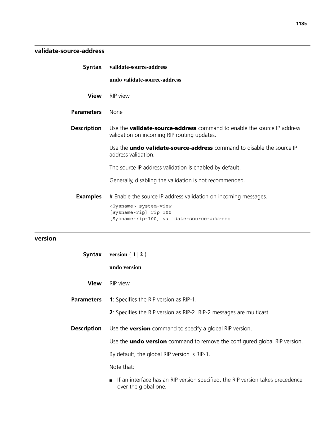 3Com MSR 50, MSR 30 Validate-source-address, Syntax validate-source-address Undo validate-source-address, Version 1 