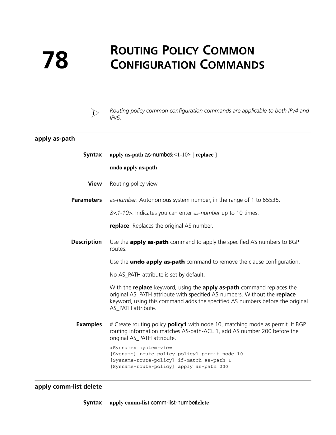 3Com MSR 50, MSR 30 manual Routing Policy Common Configuration Commands, Apply as-path, Apply comm-list delete 