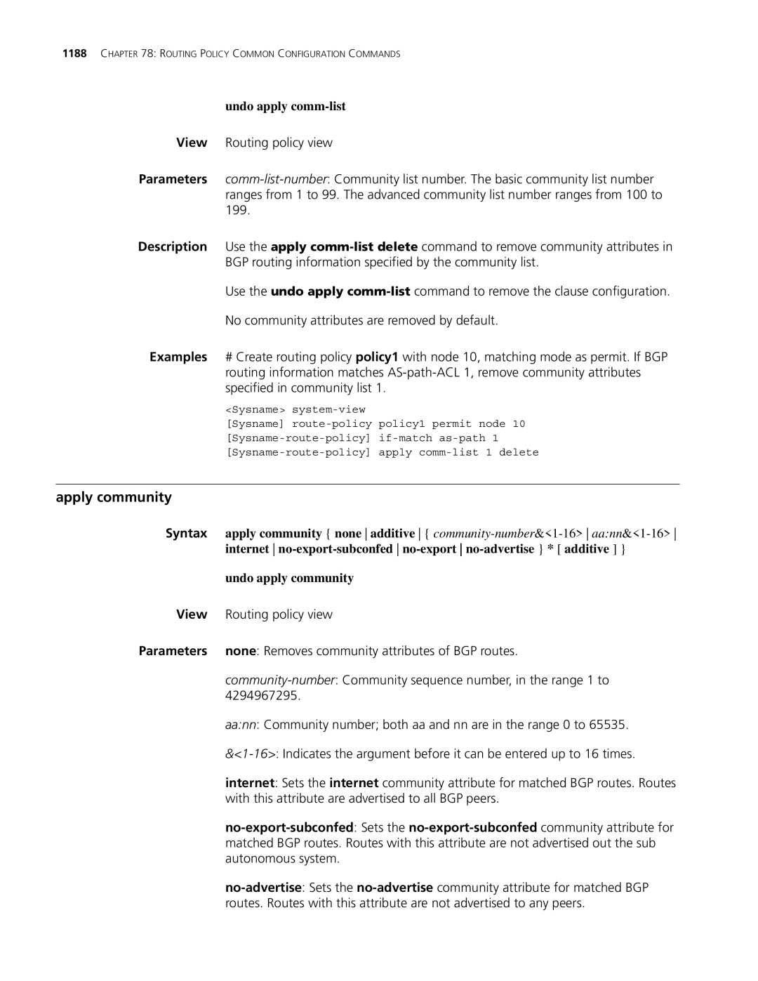 3Com MSR 30, MSR 50 manual Apply community, Undo apply comm-list 