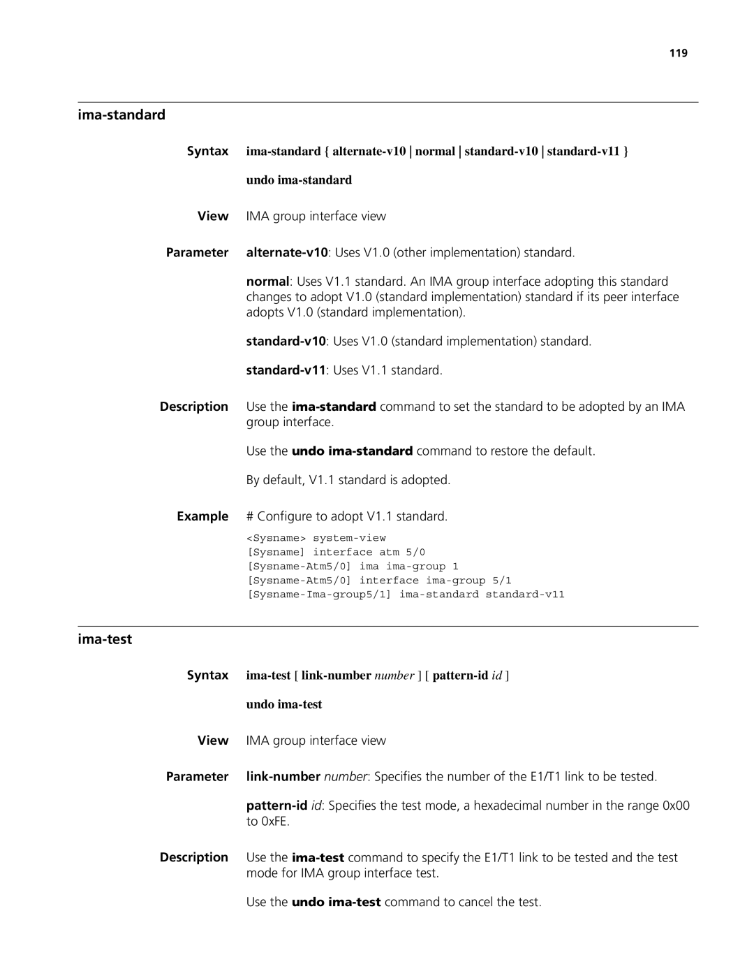 3Com MSR 50, MSR 30 manual Ima-standard, Ima-test link-number number pattern-id id, Undo ima-test 