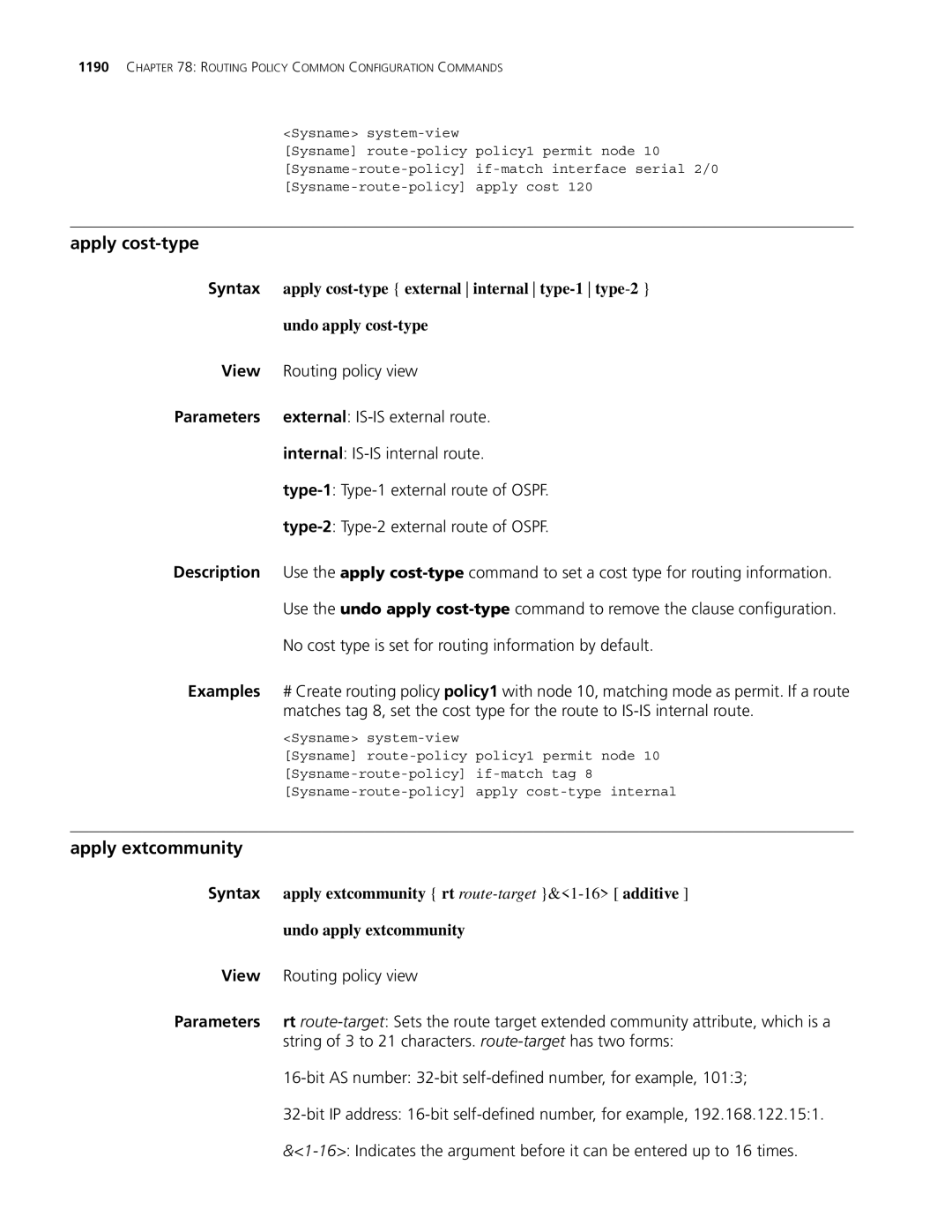 3Com MSR 30, MSR 50 manual Apply cost-type, Apply extcommunity 