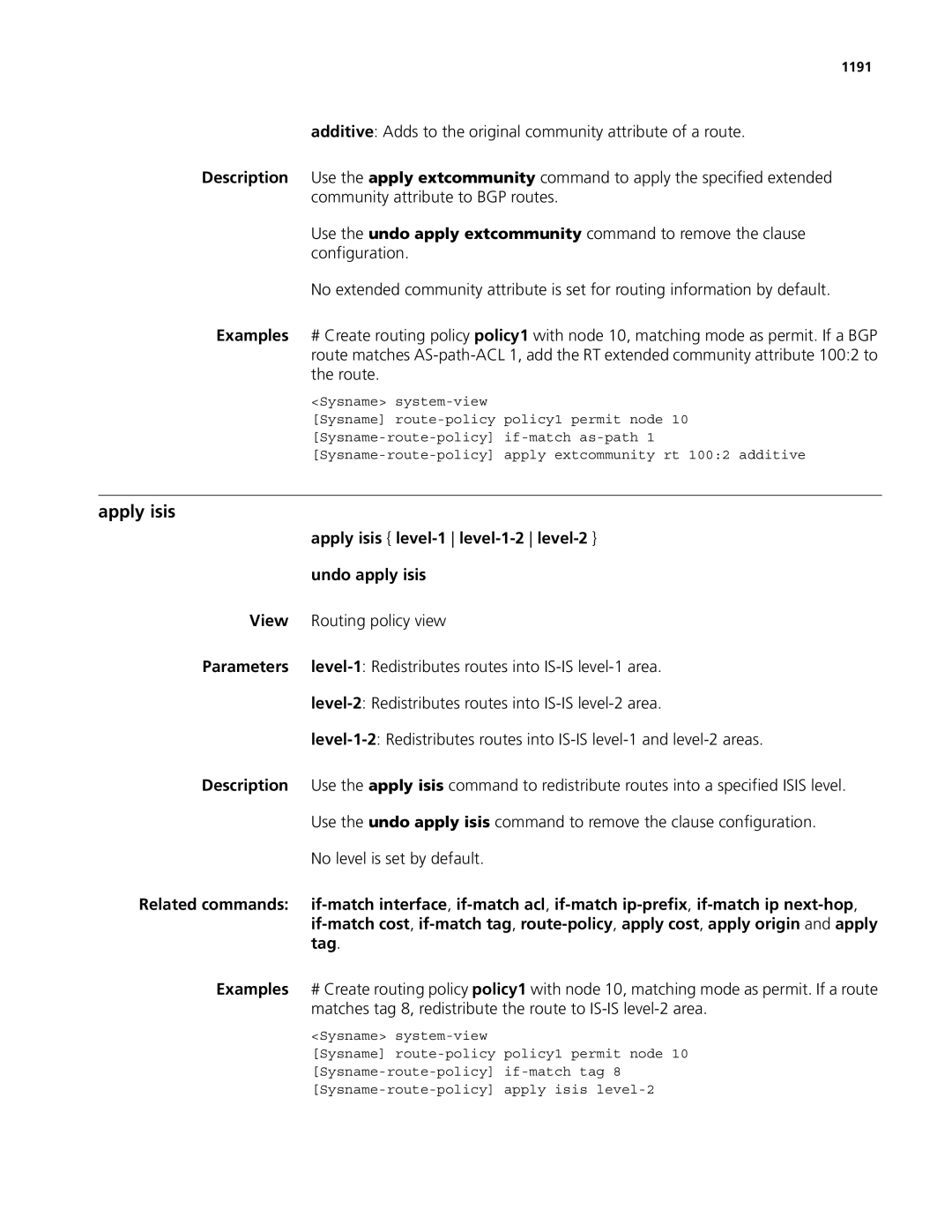 3Com MSR 50, MSR 30 manual Apply isis level-1 level-1-2 level-2 Undo apply isis, No level is set by default, 1191 