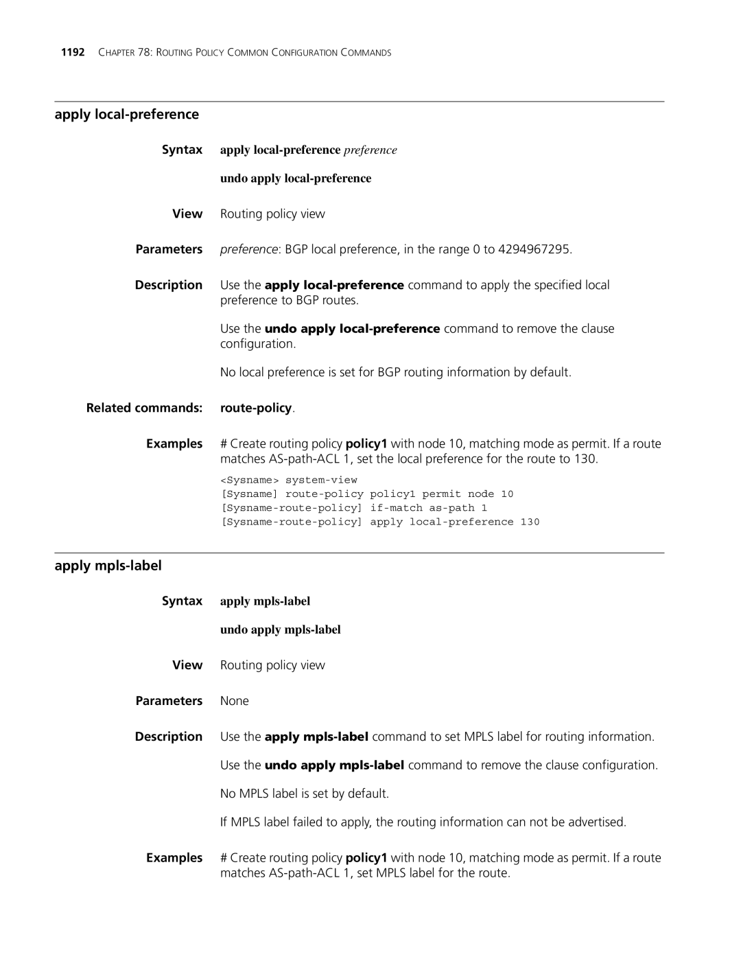 3Com MSR 30, MSR 50 manual Apply local-preference, Apply mpls-label, Related commands route-policy 