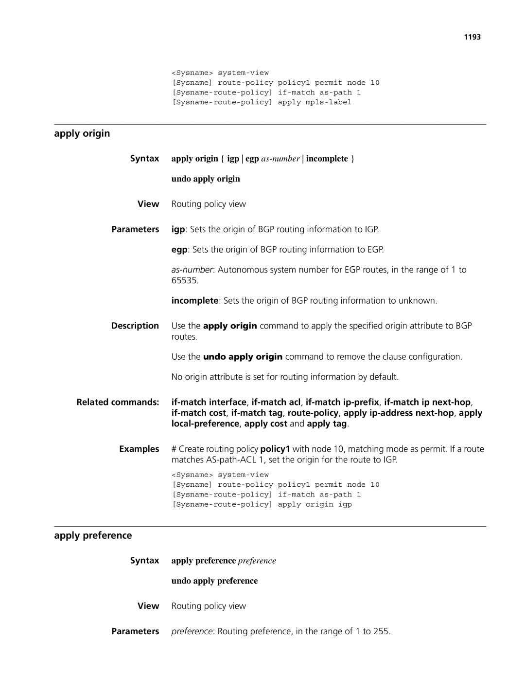 3Com MSR 50, MSR 30 manual Apply origin, Apply preference, Syntax apply preference preference Undo apply preference, 1193 