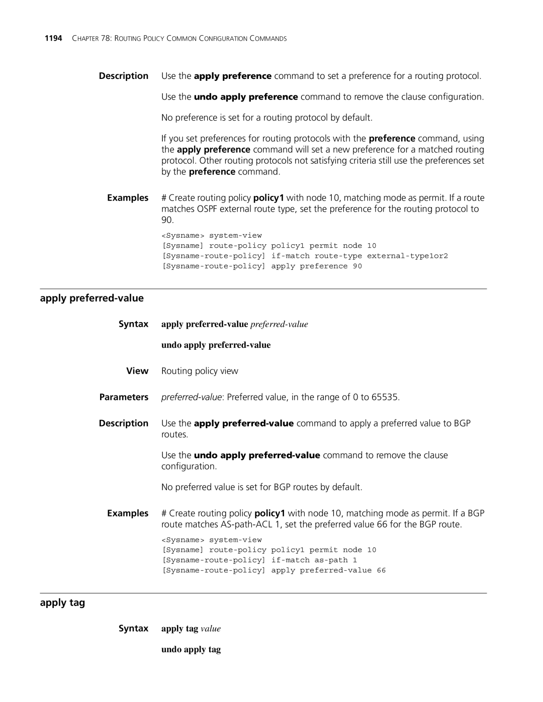 3Com MSR 30, MSR 50 manual Apply preferred-value, Apply tag, Syntax apply tag value Undo apply tag 