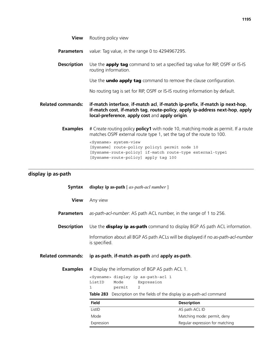 3Com MSR 50, MSR 30 manual Display ip as-path, Syntax display ip as-path as-path-acl number, 1195 