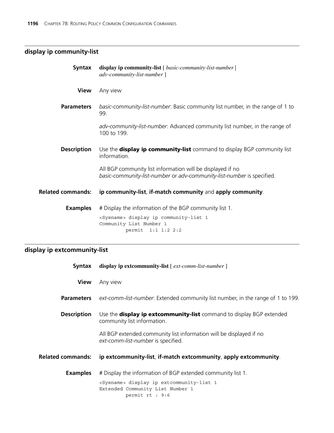 3Com MSR 30, MSR 50 manual Display ip community-list, Display ip extcommunity-list 