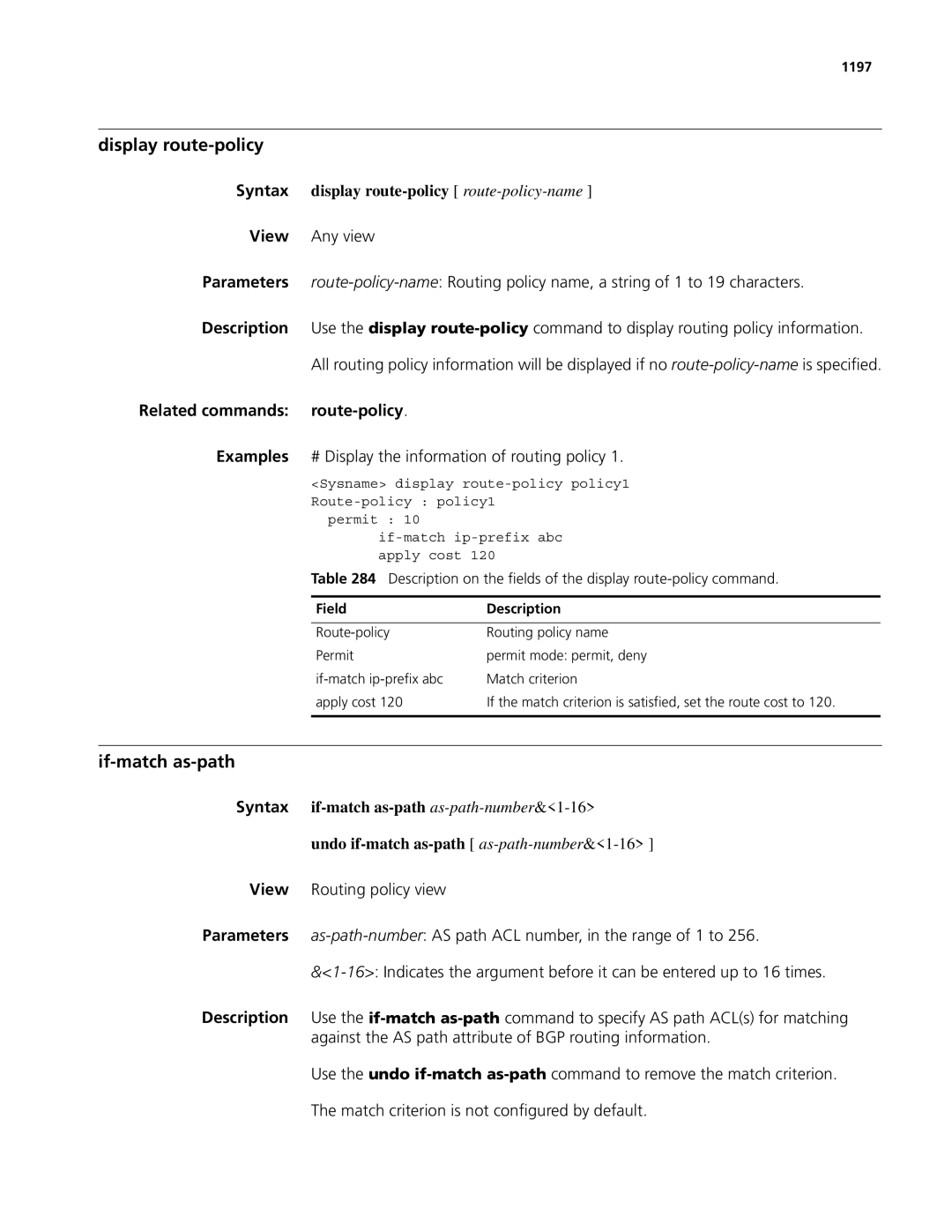 3Com MSR 50, MSR 30 manual Display route-policy, If-match as-path, Syntax display route-policy route-policy-name, 1197 