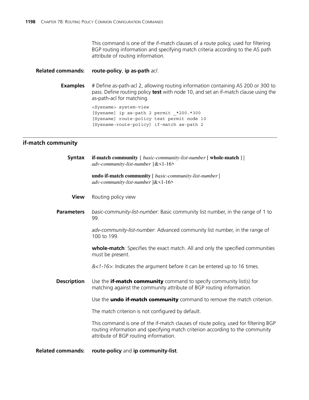 3Com MSR 30, MSR 50 manual If-match community, Related commands route-policy,ip as-pathacl 