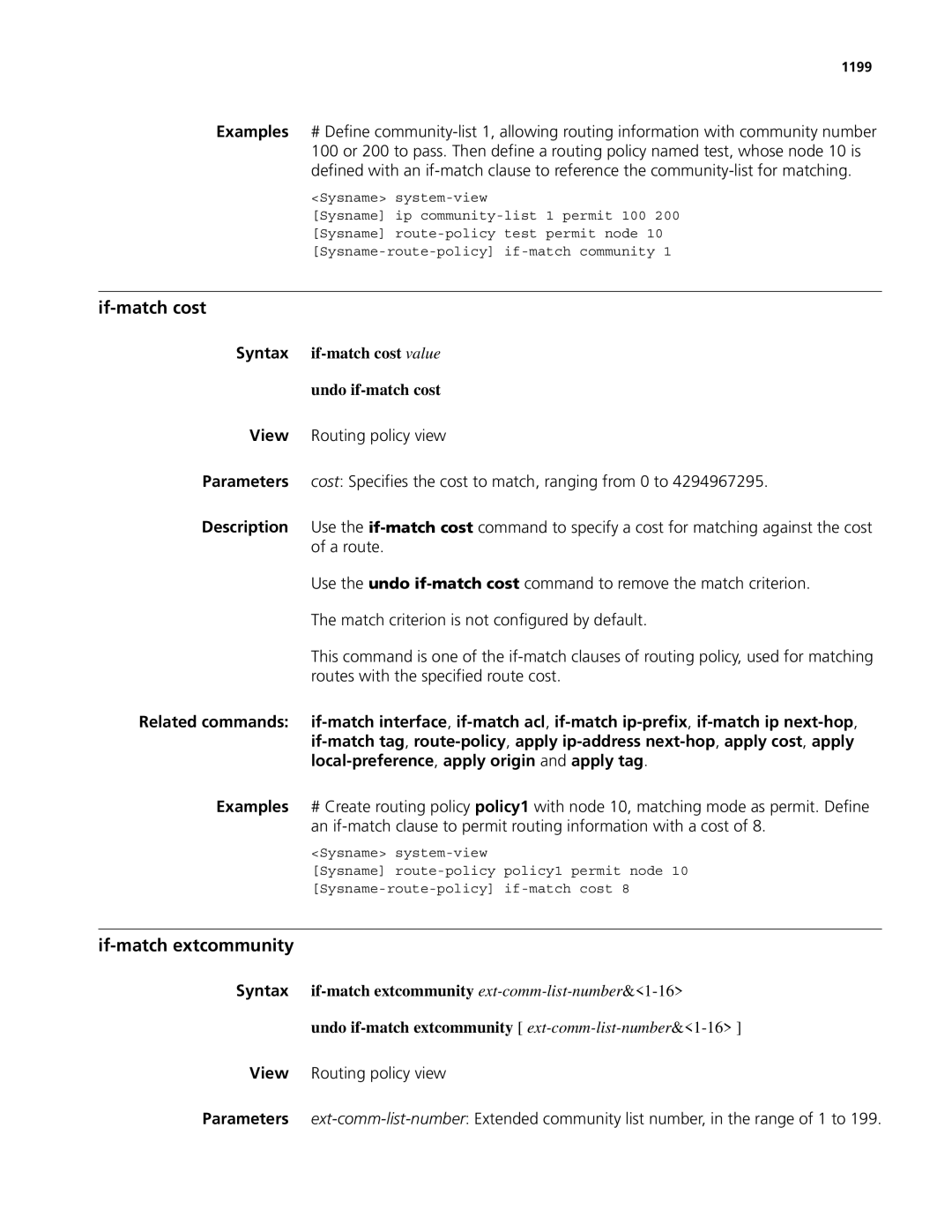 3Com MSR 50, MSR 30 manual If-match cost, If-match extcommunity, Syntax if-match cost value Undo if-match cost, 1199 