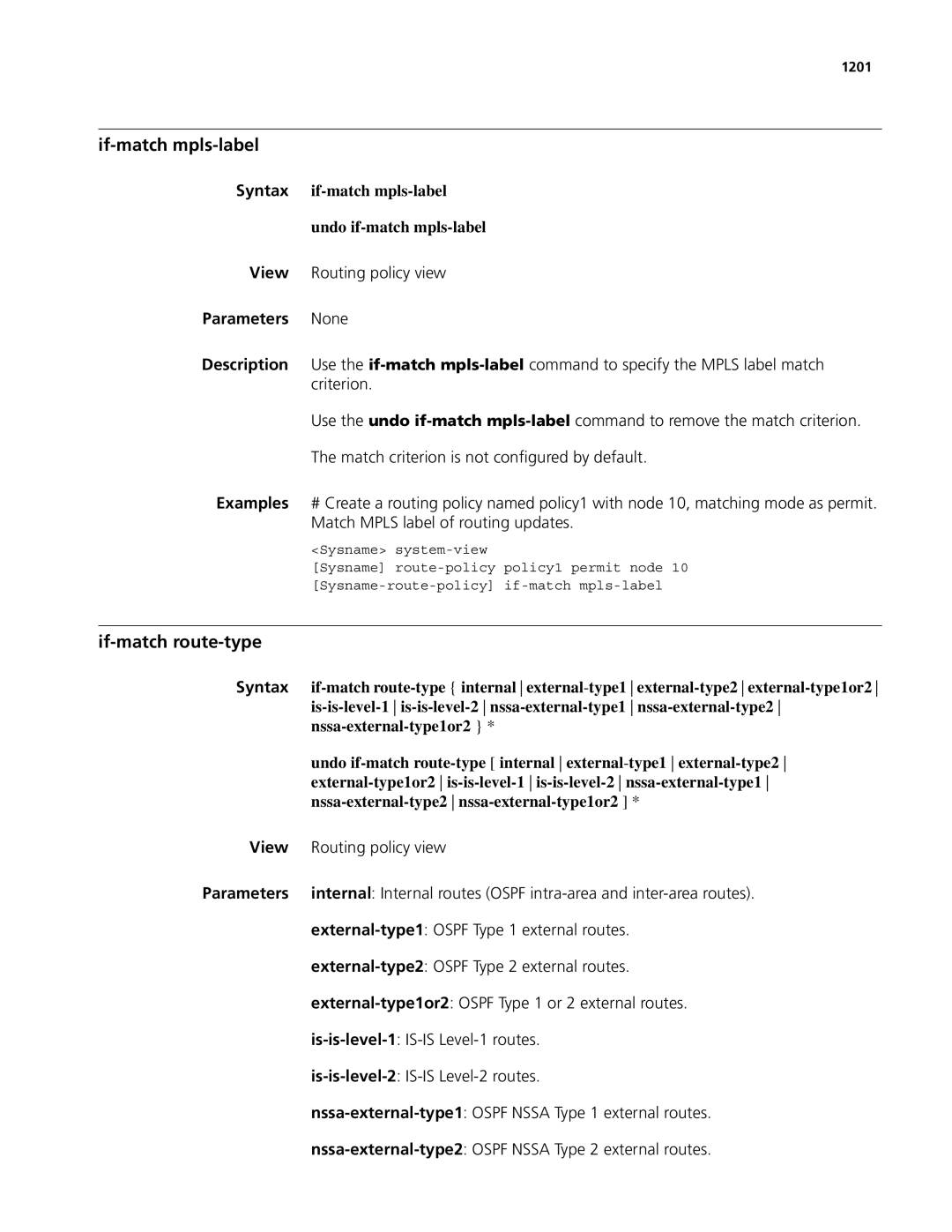 3Com MSR 50, MSR 30 manual If-match mpls-label, If-match route-type 