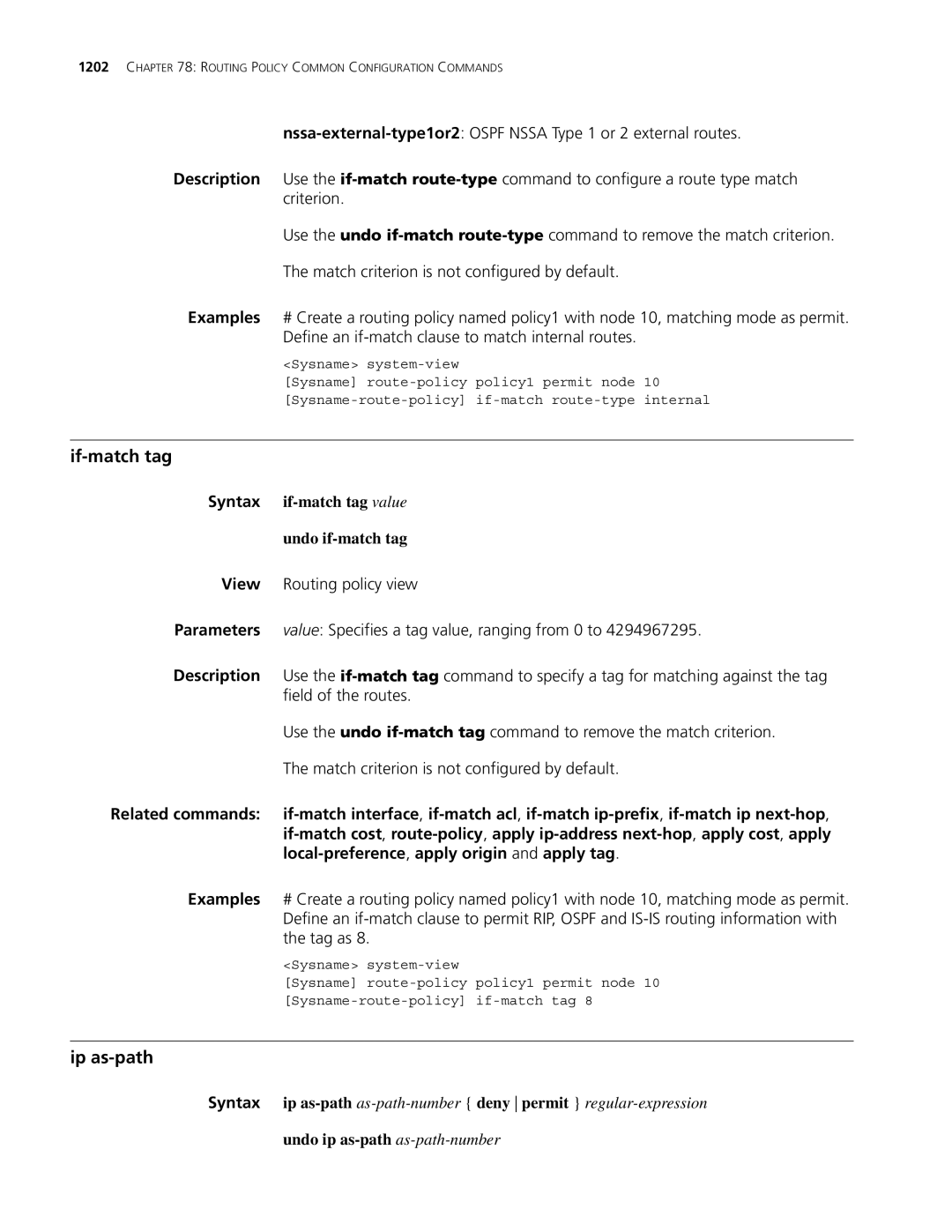 3Com MSR 30, MSR 50 If-match tag, Ip as-path, Syntax if-match tag value Undo if-match tag, Undo ip as-path as-path-number 