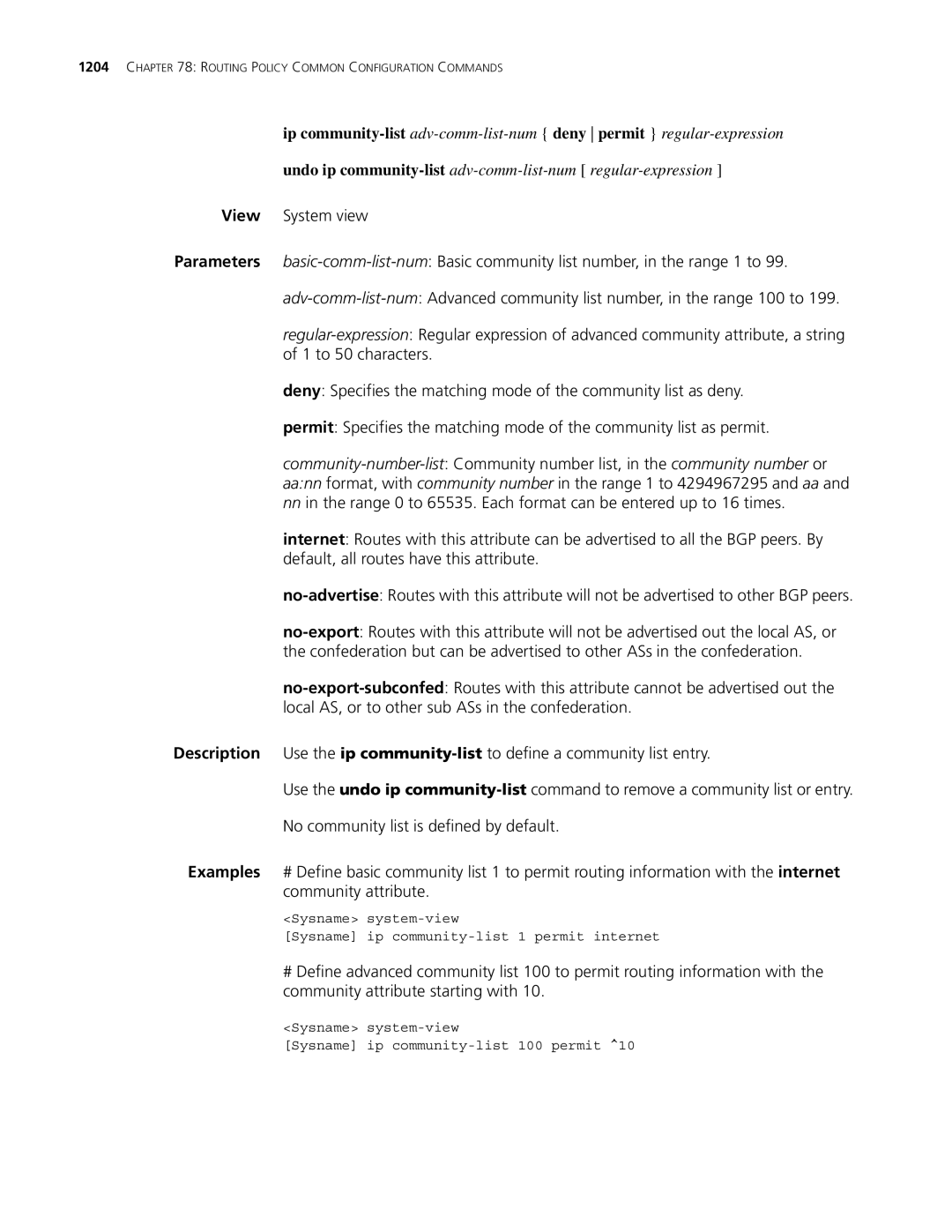 3Com MSR 30, MSR 50 manual Sysname system-view Sysname ip community-list 100 permit 