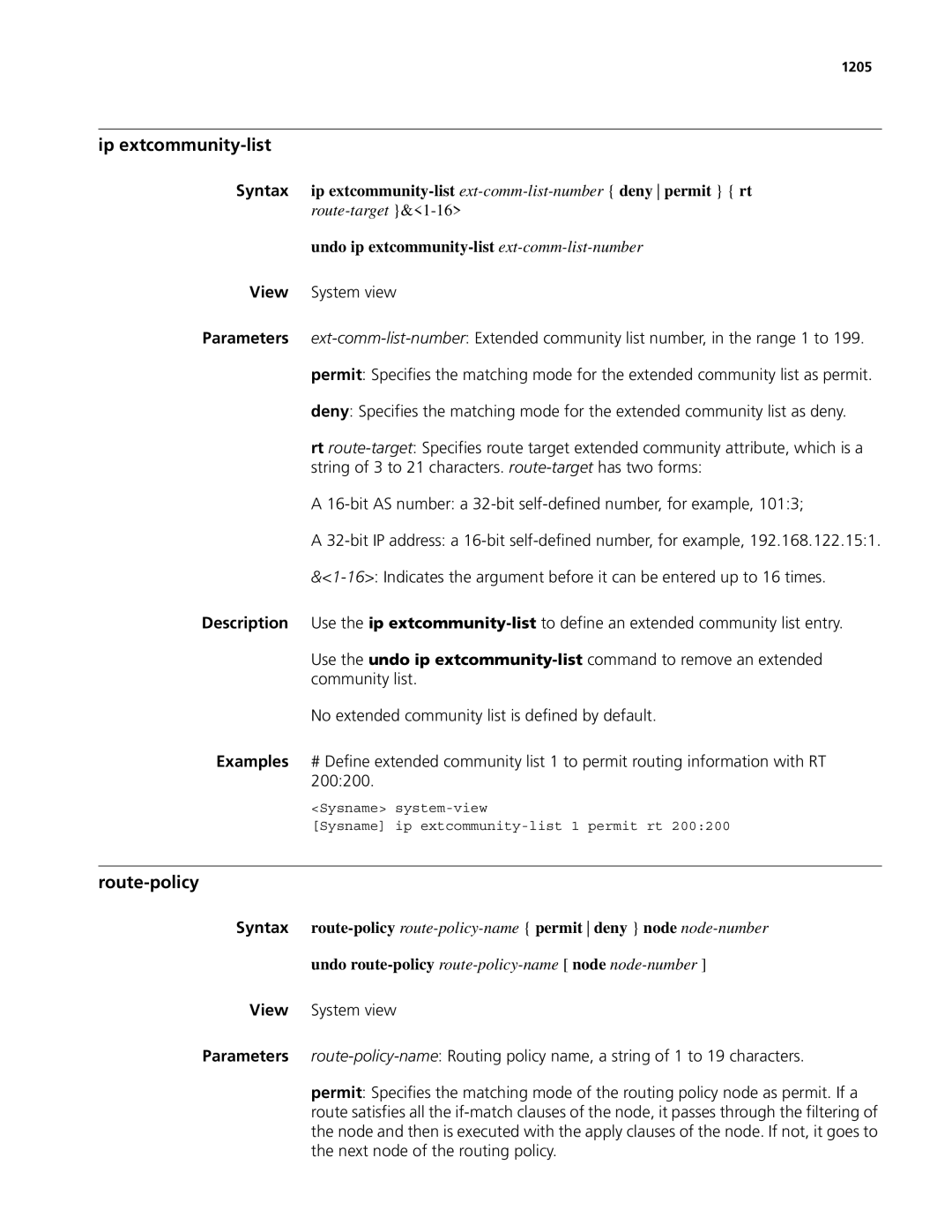 3Com MSR 50, MSR 30 manual Ip extcommunity-list, Route-policy, Undo ip extcommunity-list ext-comm-list-number, 1205 