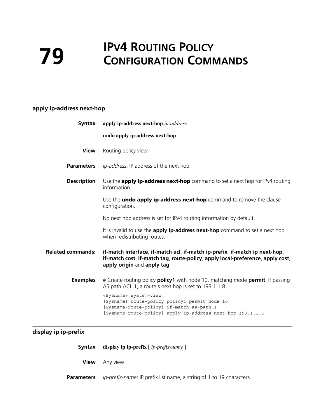 3Com MSR 50 IPV4 Routing Policy Configuration Commands, Display ip ip-prefix, Syntax display ip ip-prefix ip-prefix-name 