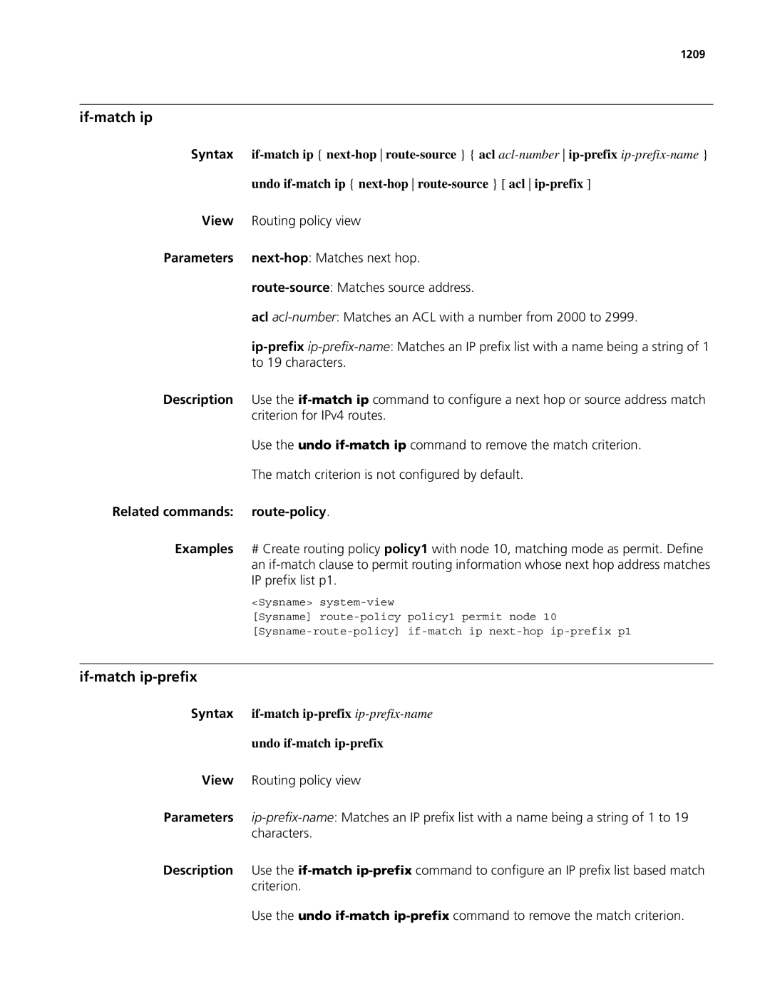 3Com MSR 50, MSR 30 manual If-match ip-prefix, Related commands Route-policy Examples 