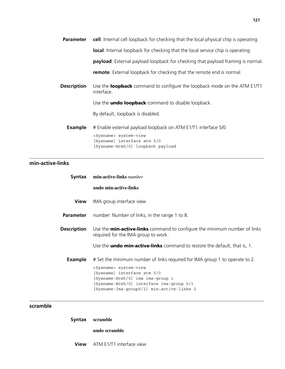 3Com MSR 50, MSR 30 manual Min-active-links, Scramble, Syntax min-active-links number Undo min-active-links, 121 