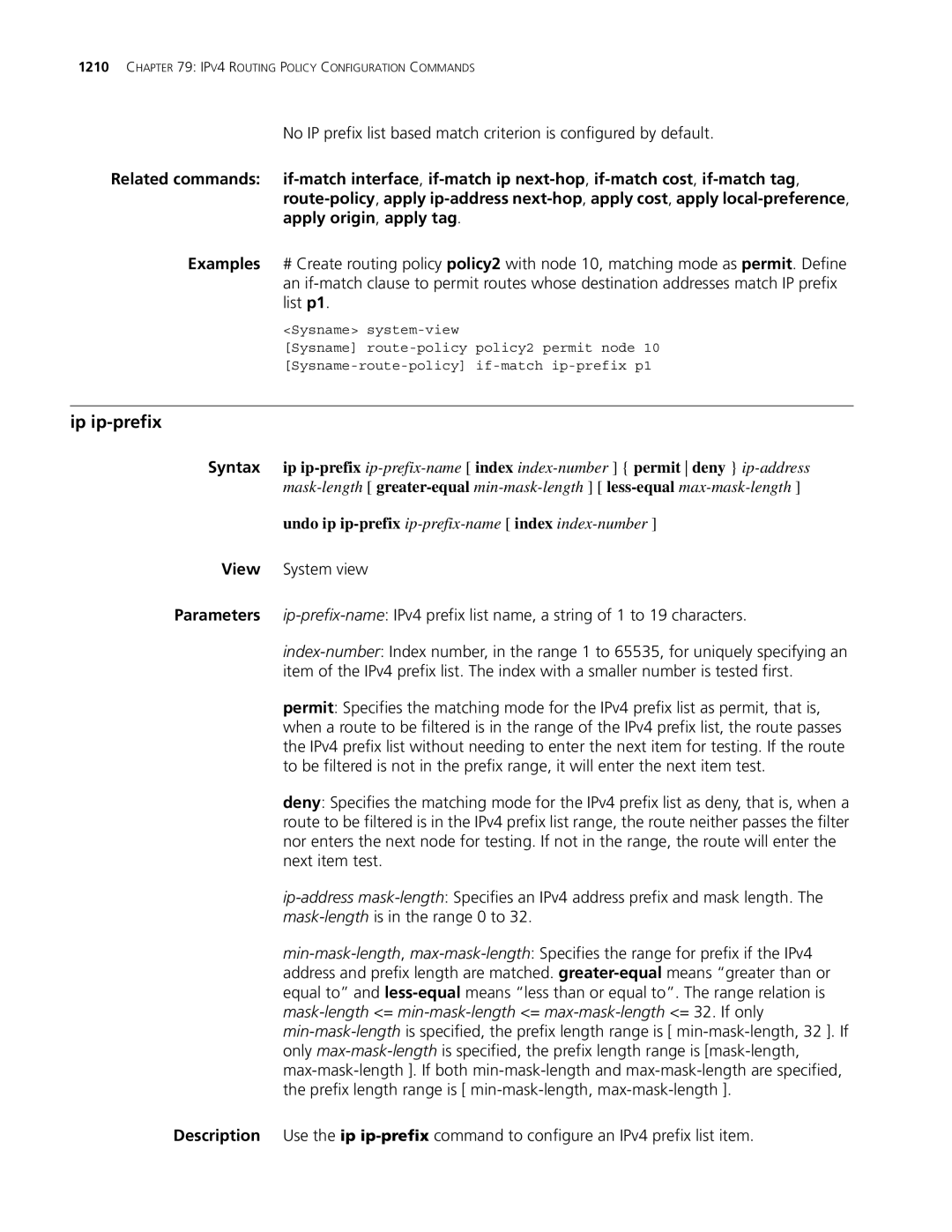 3Com MSR 30, MSR 50 manual Ip ip-prefix 