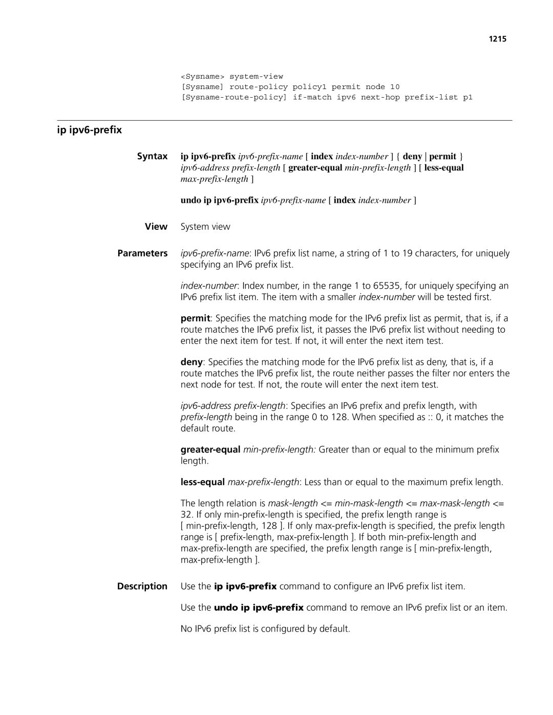 3Com MSR 50, MSR 30 manual Ip ipv6-prefix, 1215 