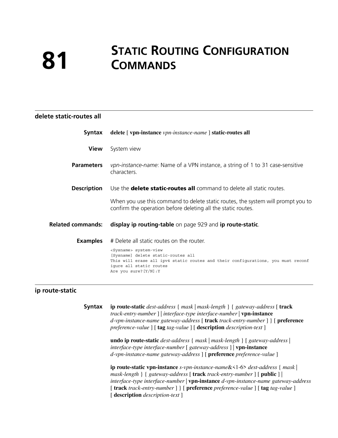 3Com MSR 50, MSR 30 manual Static Routing Configuration Commands, Delete static-routes all, Ip route-static 