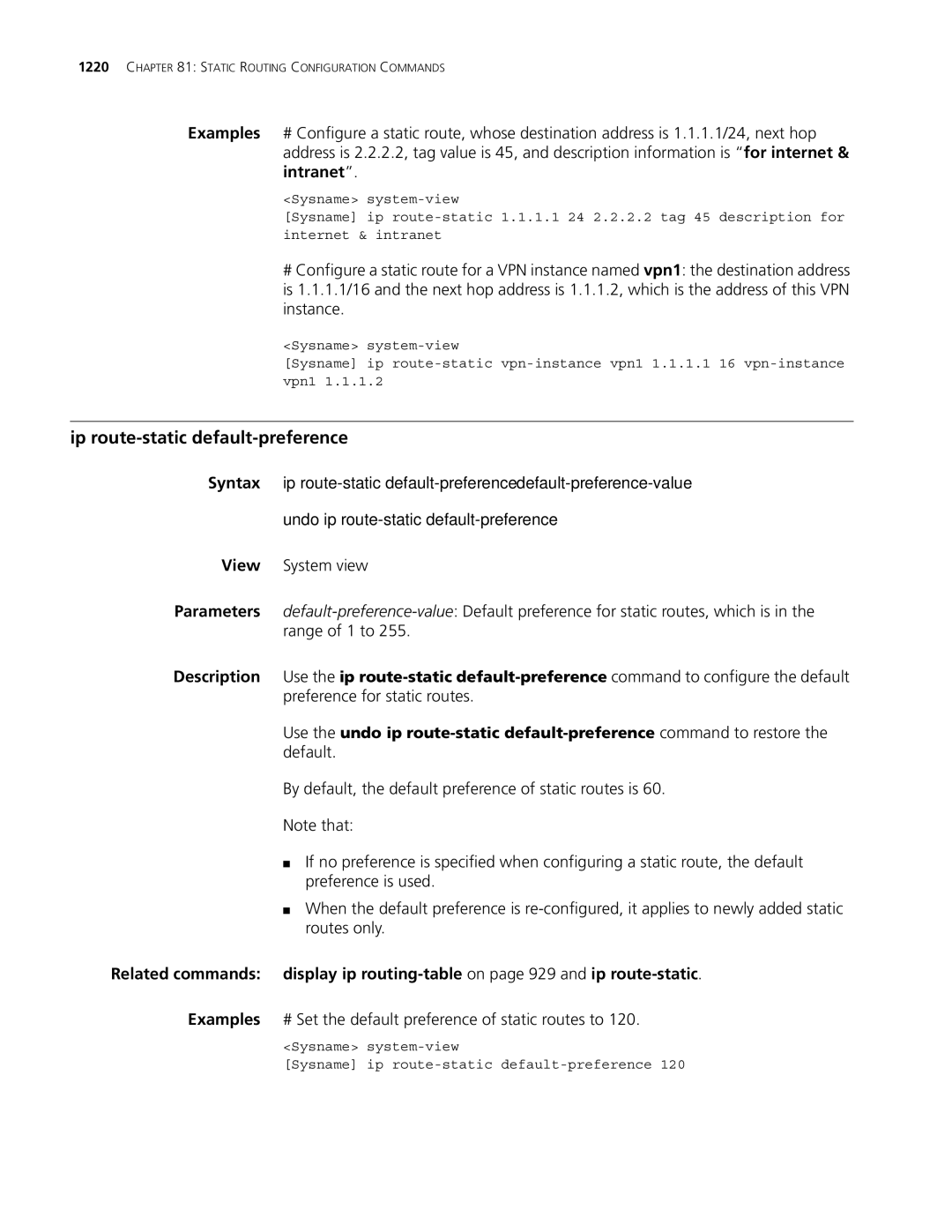 3Com MSR 30, MSR 50 manual Ip route-static default-preference, Examples # Set the default preference of static routes to 