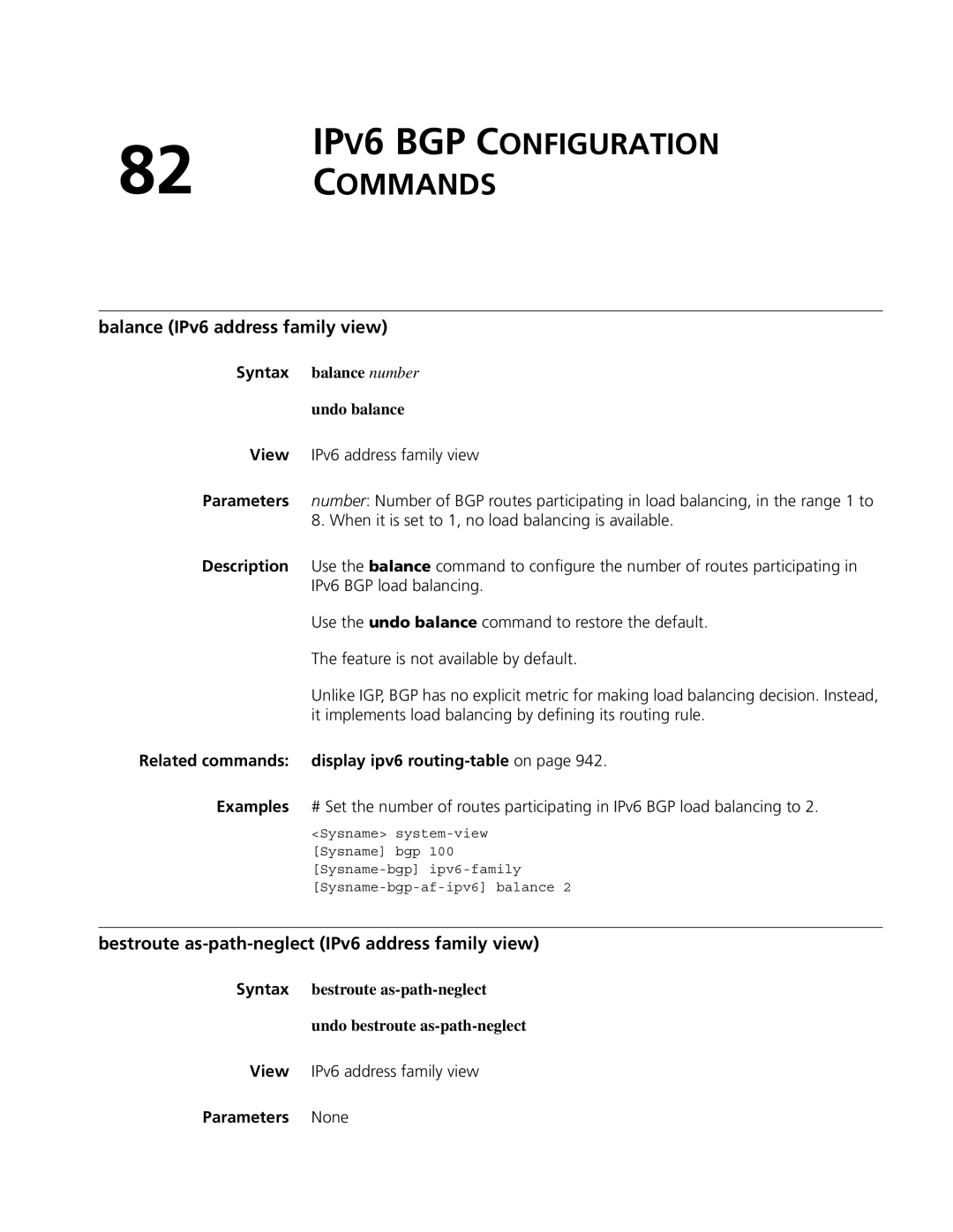 3Com MSR 50, MSR 30 manual IPV6 BGP Configuration Commands, Balance IPv6 address family view, View IPv6 address family view 