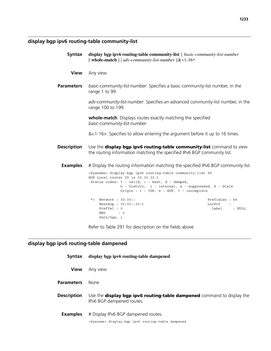 3Com MSR 50, MSR 30 manual Display bgp ipv6 routing-table community-list, Display bgp ipv6 routing-table dampened, 1233 