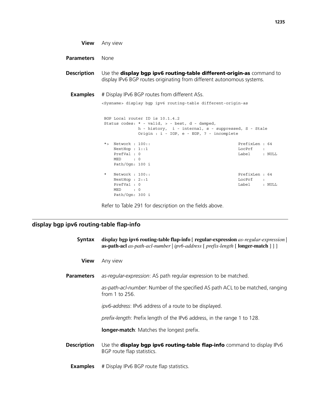 3Com MSR 50, MSR 30 Display bgp ipv6 routing-table flap-info, Examples # Display IPv6 BGP routes from different ASs, 1235 