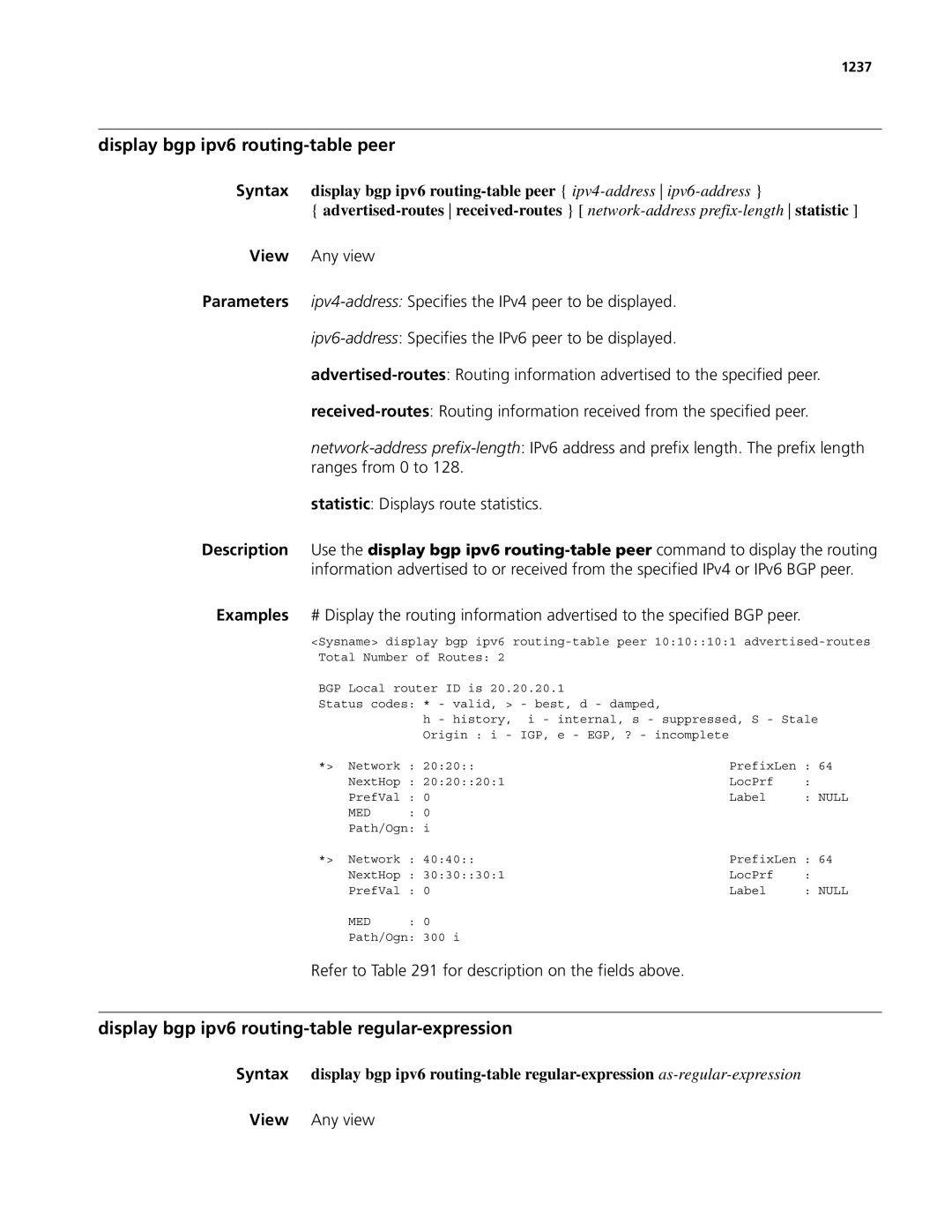 3Com MSR 50, MSR 30 manual Display bgp ipv6 routing-table peer, Display bgp ipv6 routing-table regular-expression, 1237 