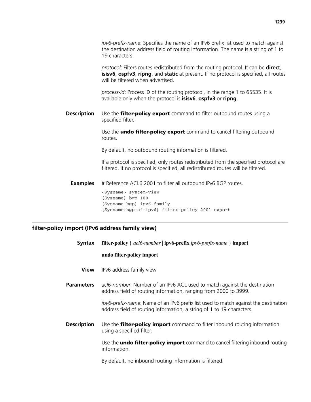 3Com MSR 50, MSR 30 manual Filter-policy import IPv6 address family view, 1239 
