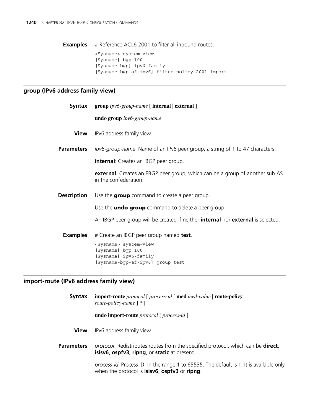 3Com MSR 30, MSR 50 manual Group IPv6 address family view, Import-route IPv6 address family view 