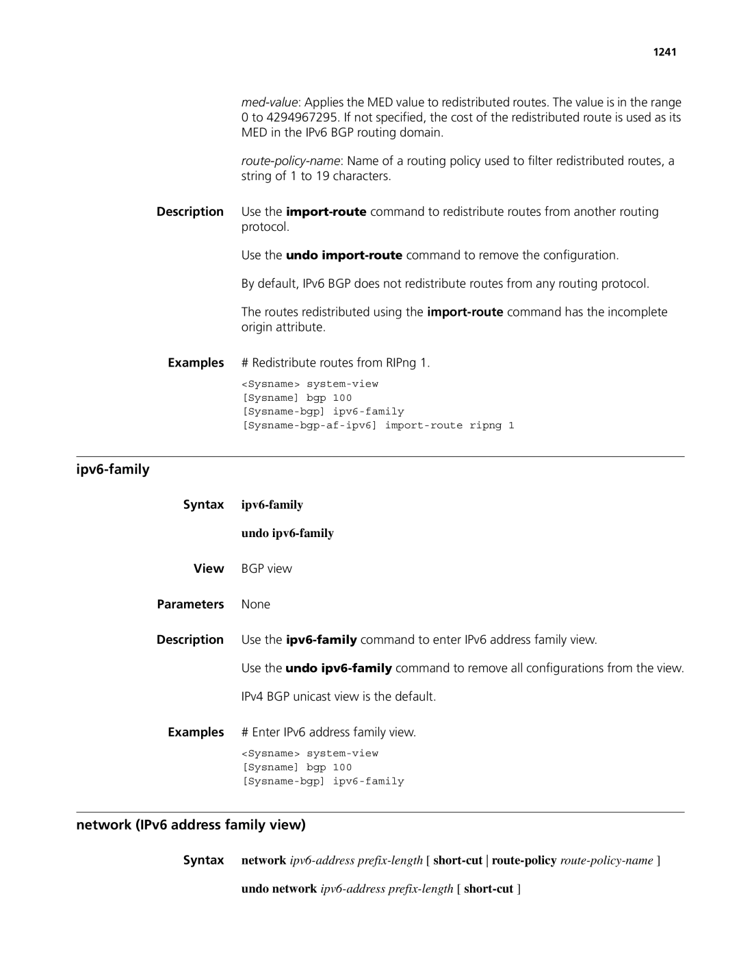 3Com MSR 50, MSR 30 manual Ipv6-family, Network IPv6 address family view, Syntax ipv6-family Undo ipv6-family, 1241 