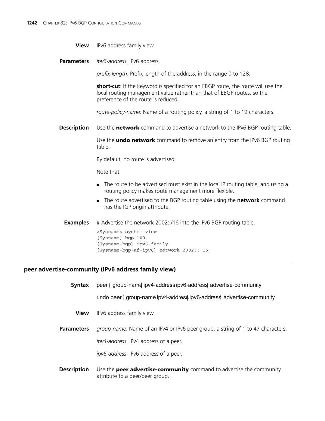 3Com MSR 30, MSR 50 manual Peer advertise-community IPv6 address family view 