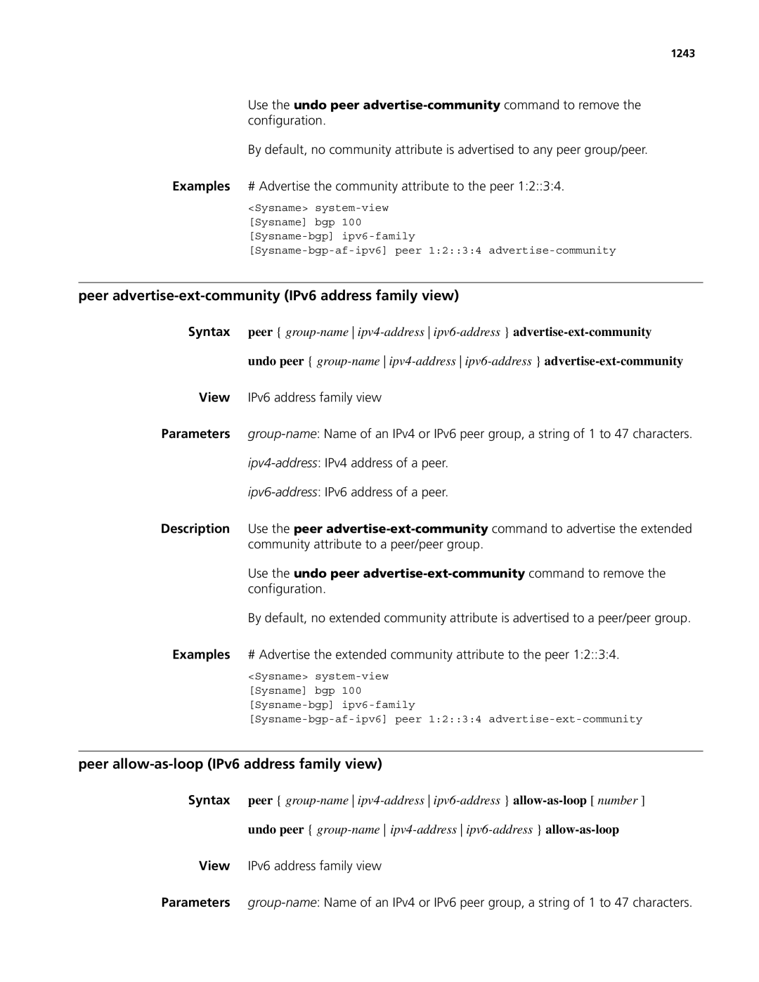 3Com MSR 50 manual Peer advertise-ext-community IPv6 address family view, Peer allow-as-loop IPv6 address family view, 1243 