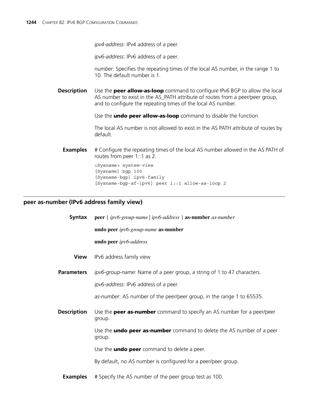 3Com MSR 30, MSR 50 manual Peer as-number IPv6 address family view 