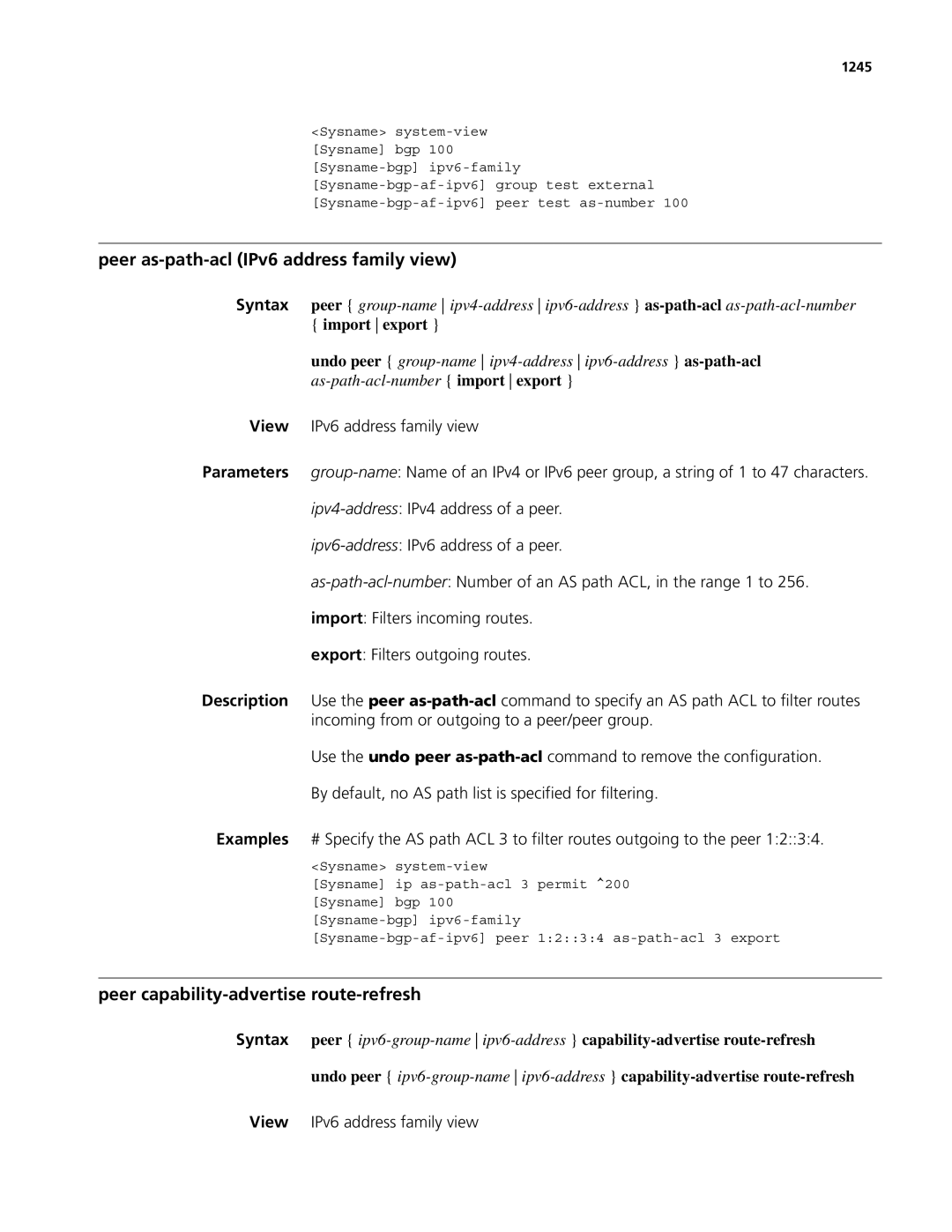 3Com MSR 50, MSR 30 manual Peer as-path-acl IPv6 address family view, Import export, 1245 