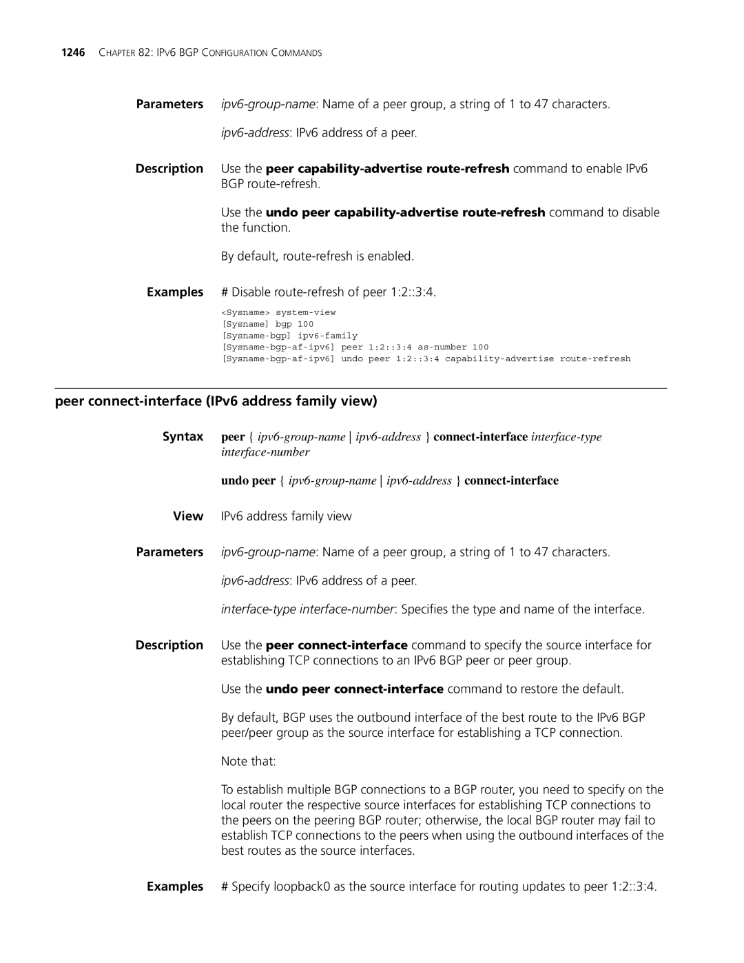 3Com MSR 30, MSR 50 manual Peer connect-interface IPv6 address family view 