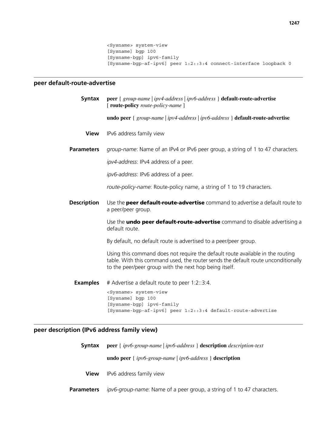 3Com MSR 50, MSR 30 manual Peer default-route-advertise, Peer description IPv6 address family view, 1247 