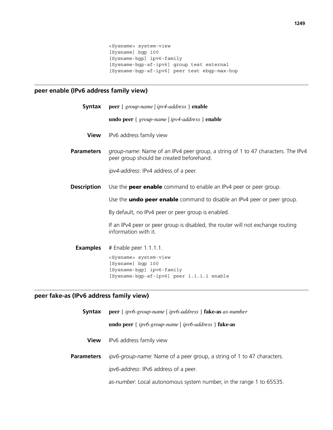 3Com MSR 50, MSR 30 manual Peer enable IPv6 address family view, Peer fake-as IPv6 address family view, 1249 