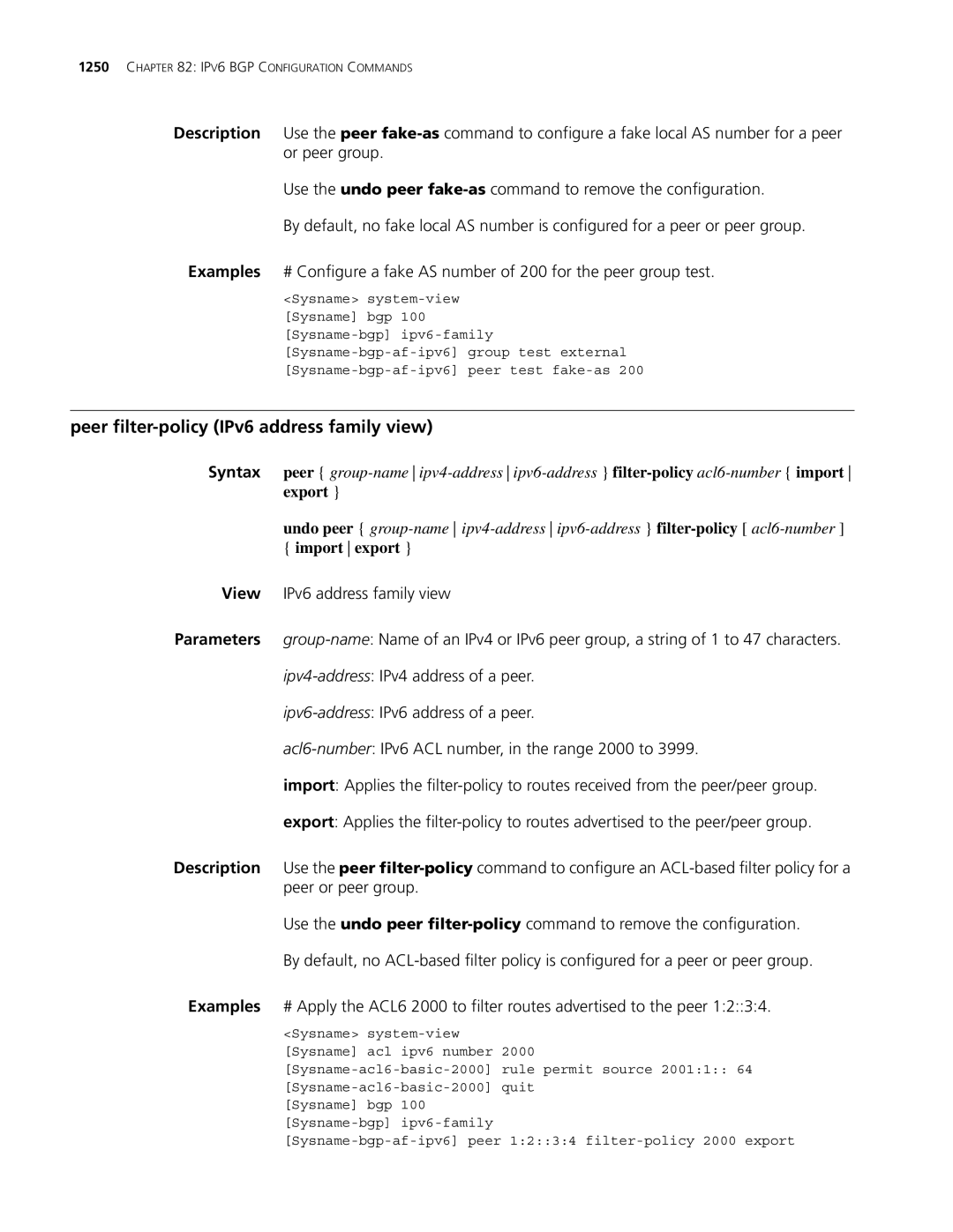 3Com MSR 30, MSR 50 manual Peer filter-policy IPv6 address family view, Import export 