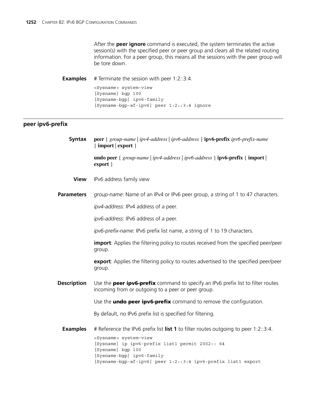 3Com MSR 30, MSR 50 manual Peer ipv6-prefix 