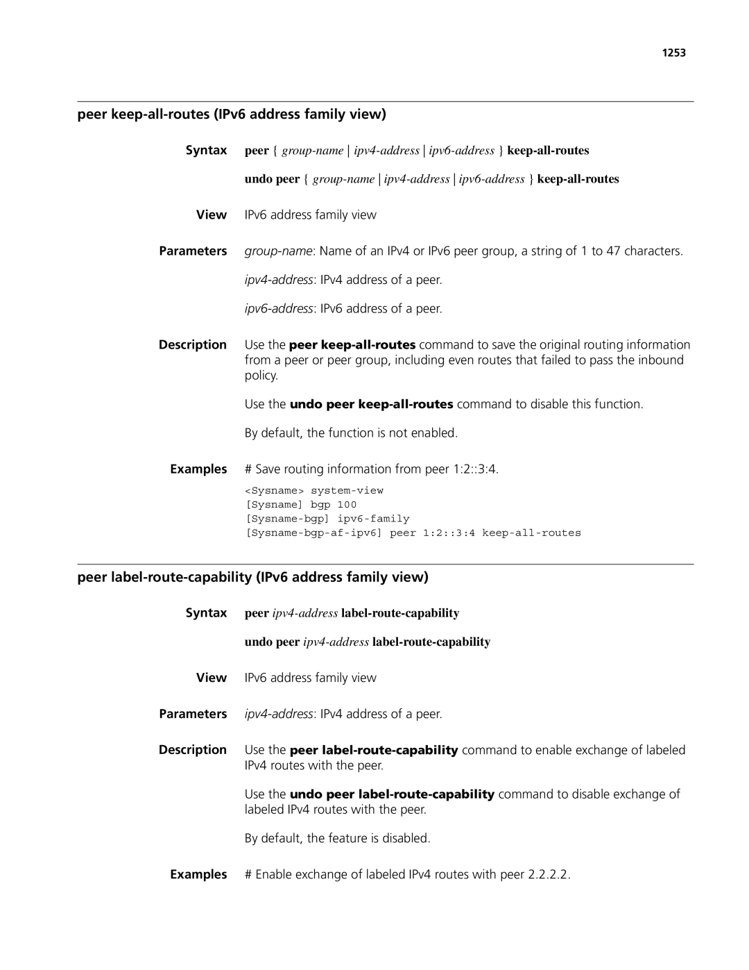 3Com MSR 50 Peer keep-all-routes IPv6 address family view, Peer label-route-capability IPv6 address family view, 1253 