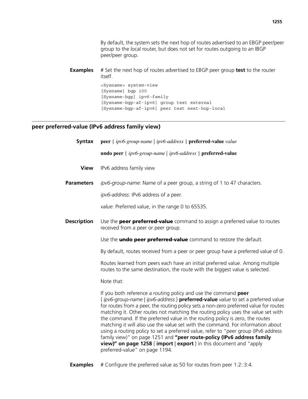 3Com MSR 50, MSR 30 manual Peer preferred-value IPv6 address family view, 1255 