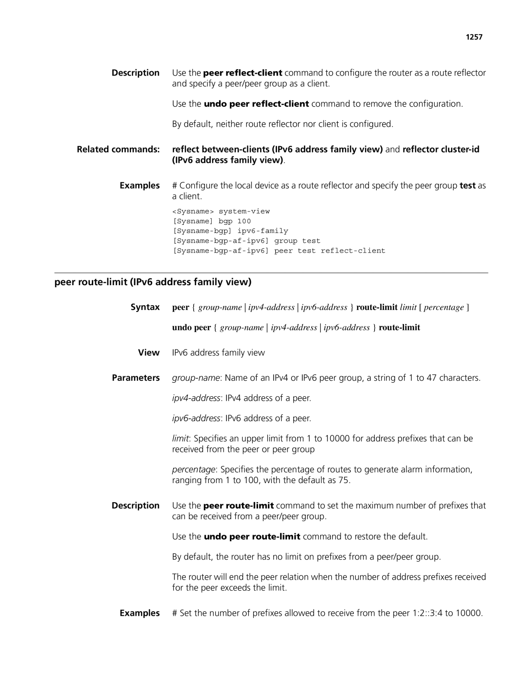 3Com MSR 50, MSR 30 manual Peer route-limit IPv6 address family view, 1257 