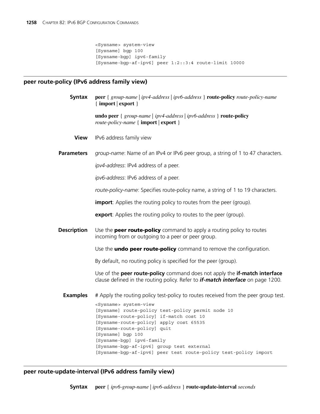 3Com MSR 30, MSR 50 manual Peer route-policy IPv6 address family view, Peer route-update-interval IPv6 address family view 